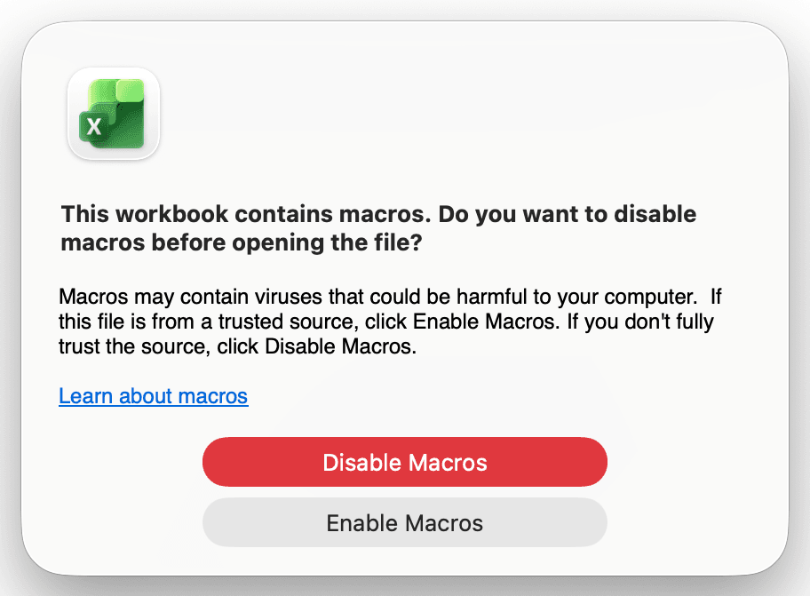 Mac: kotak dialog 'This workbook contains macros' dengan butang 'Enable Macros' / 'Disable Macros'.