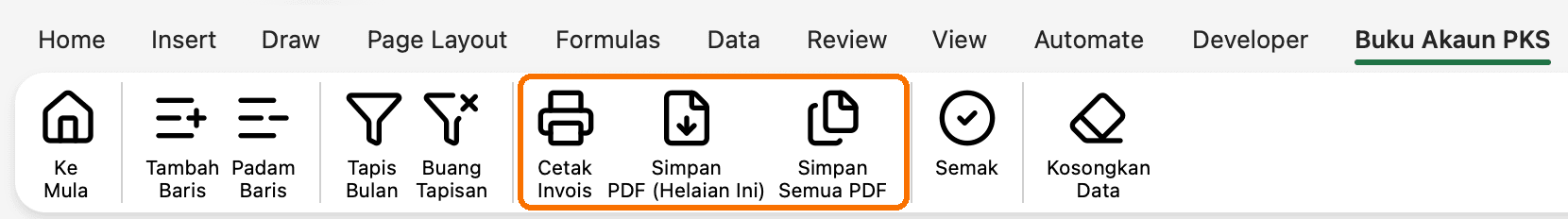 Tab reben 'Buku Akaun PKS': tiga butang bergaris oren — 'Cetak Invois' (ikon pencetak), 'Simpan PDF (Helaian Ini)' dan 'Simpan Semua PDF'.