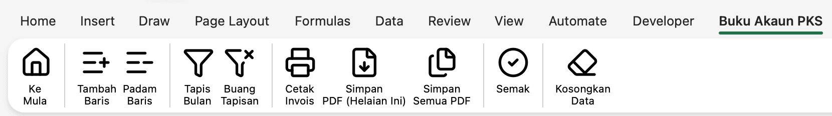 Tab reben khas 'Buku Akaun PKS' di sebelah tab Home/File selepas makro didayakan (untuk lesson 5, tetapi diambil dalam sesi Excel yang sama).