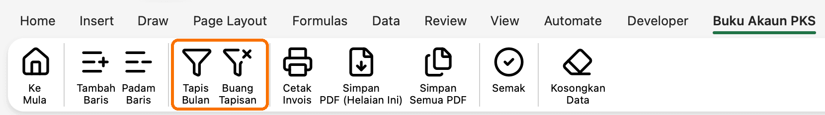 Tab reben 'Buku Akaun PKS': dua butang bergaris oren — 'Tapis Bulan' (ikon corong) dan 'Buang Tapisan'.